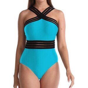 Crisscross Halter Teal One-Piece Swimsuit With Black Stripes & Back Clasp Closur